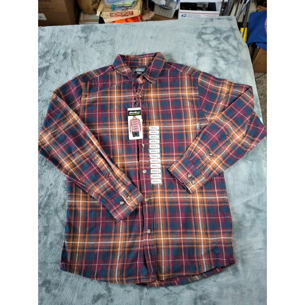 Eddie Bauer Mens Bristol Flannel Shirt Cognac Plaid Cotton Button Down Small NWT